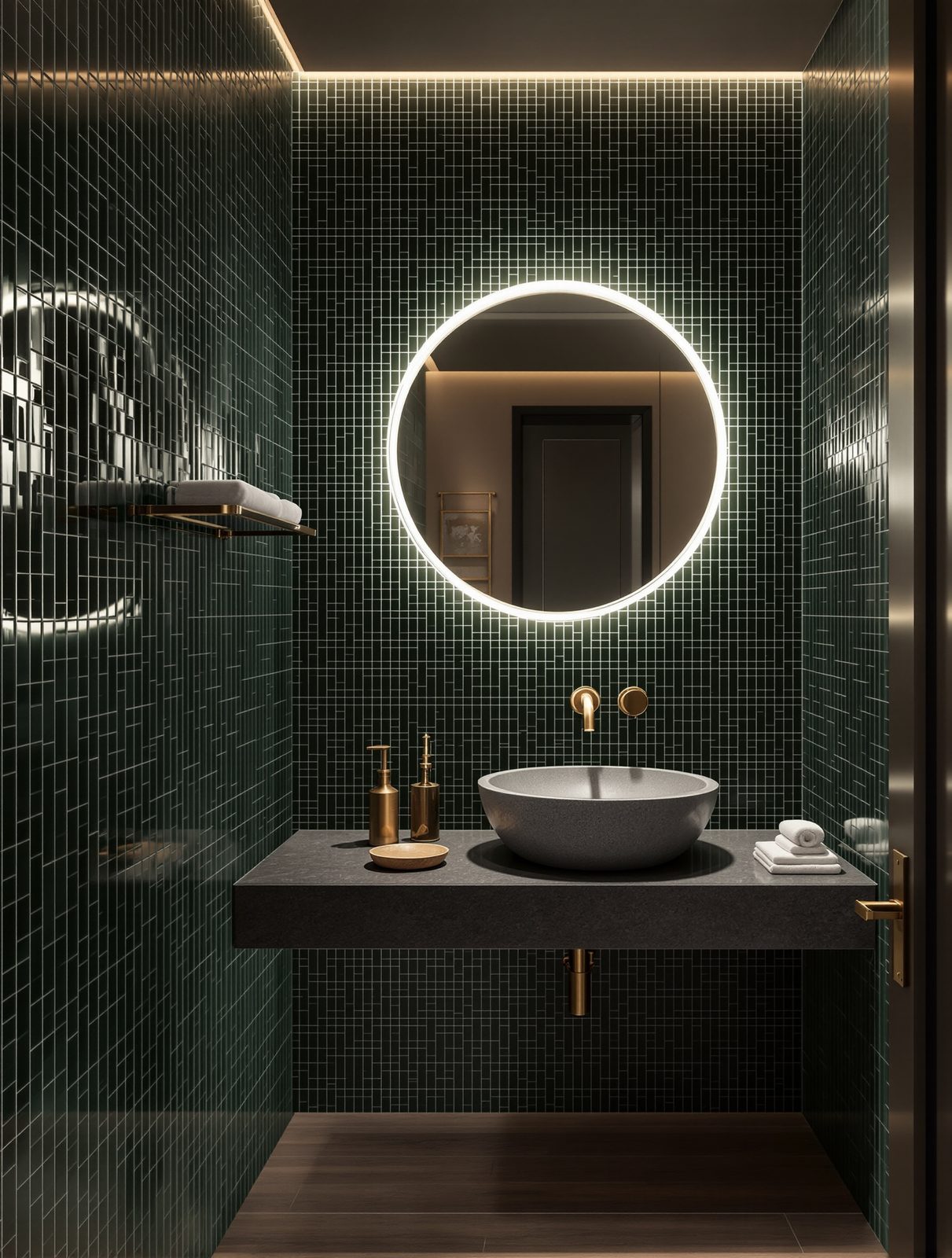 Powder room with dark green zellige tile, stone basin and backlit round mirror