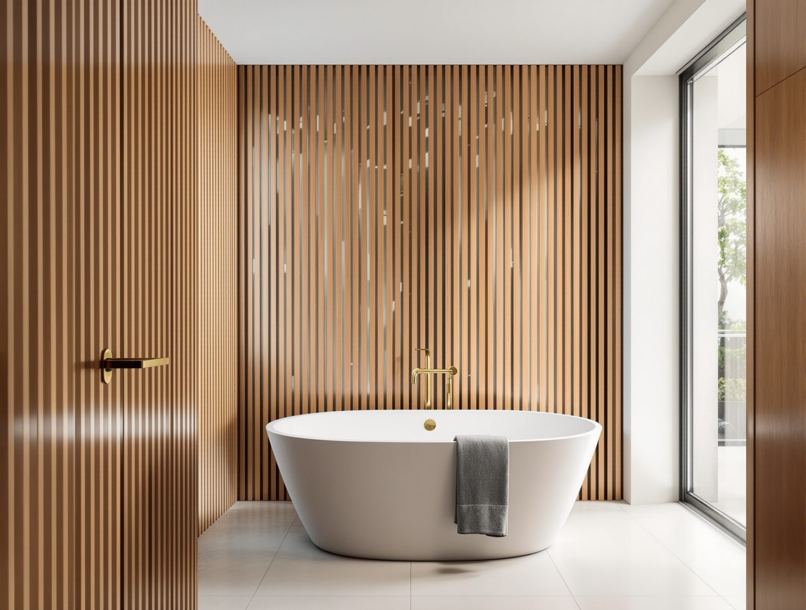 Freestanding tub against a slatted oak feature wall