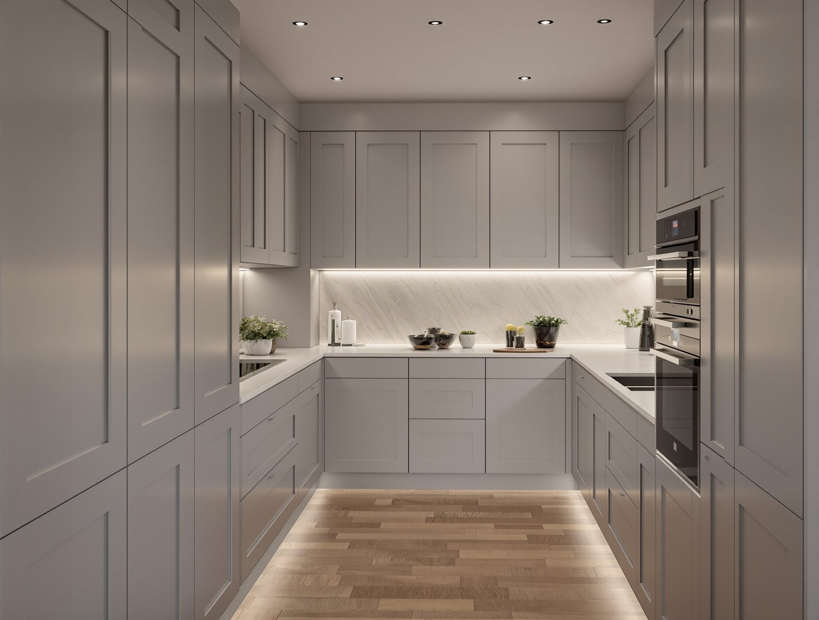 Handleless galley kitchen with integrated tall units