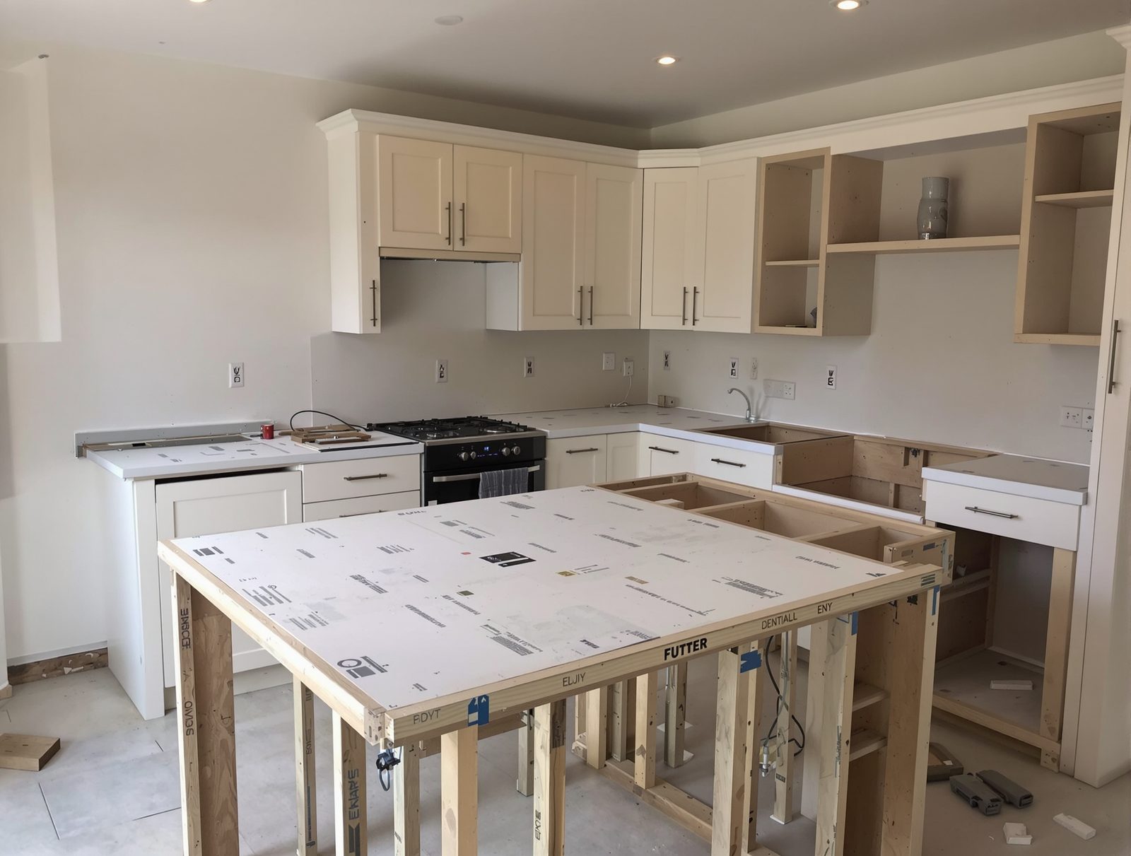 Kitchen mid-installation with cabinet boxes set and levelled