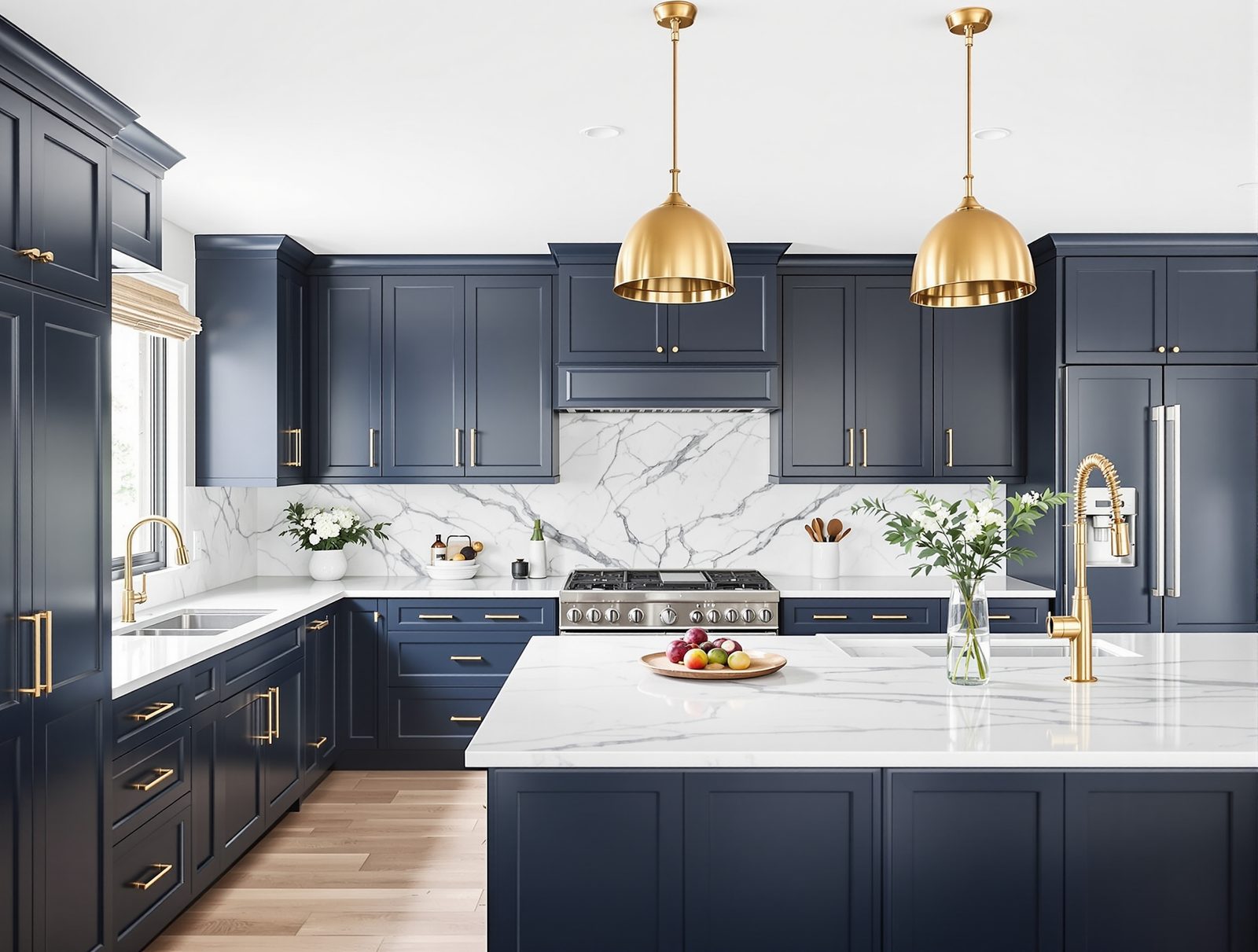 Navy shaker kitchen with brass hardware and marble slab backsplash