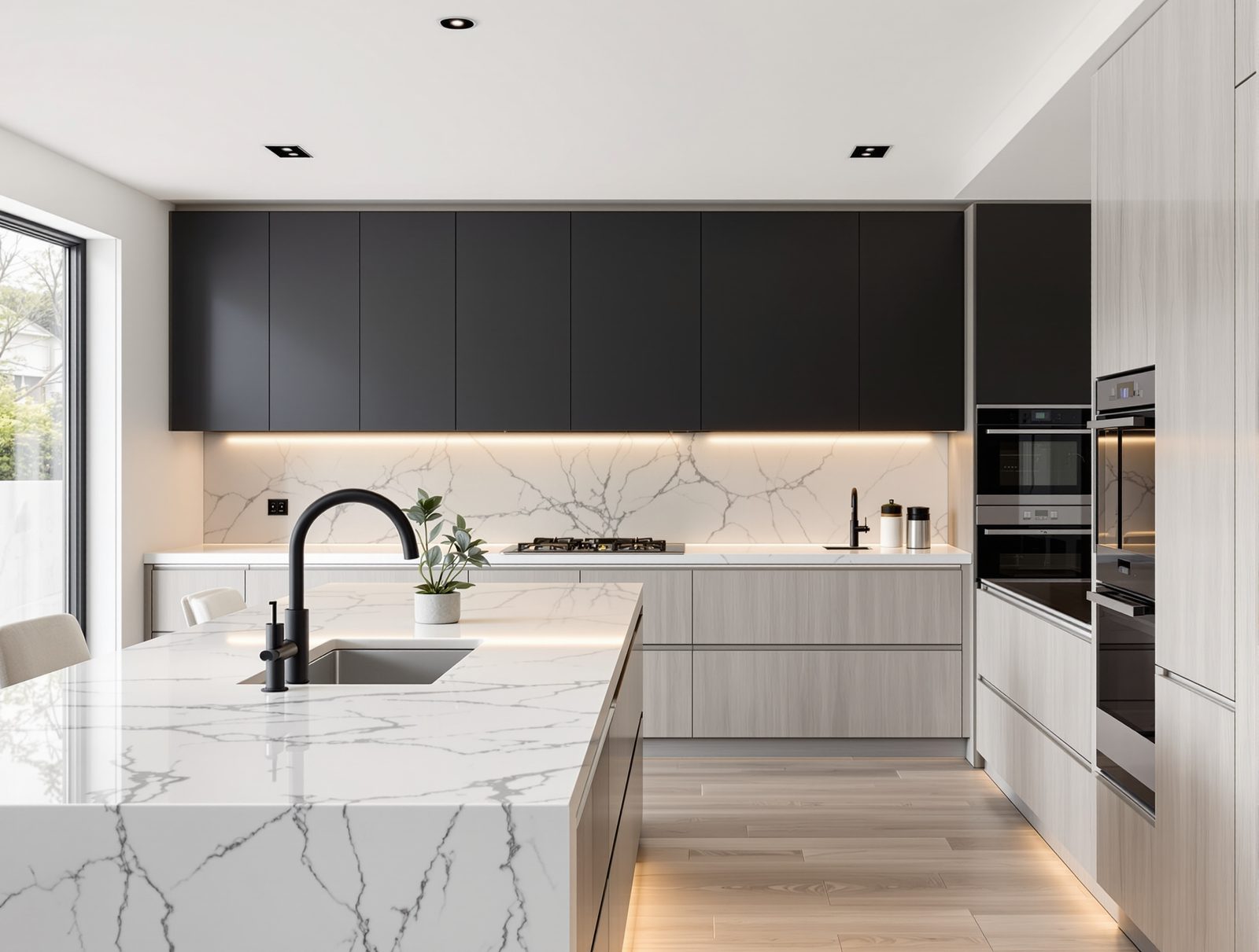 Kitchen with waterfall stone island and white oak cabinetry