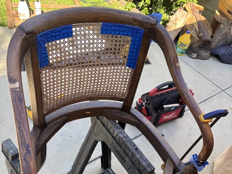 Chair frame masked off during restoration