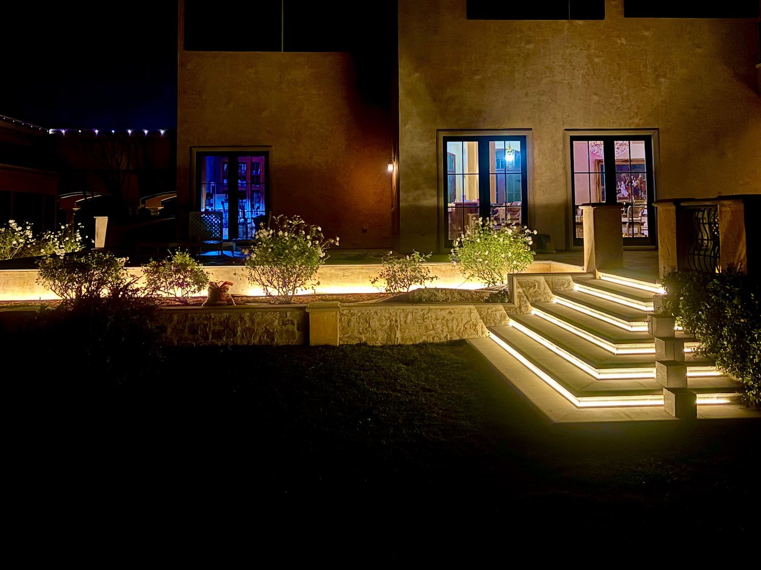 Illuminated steps with LED strip and uplit planting