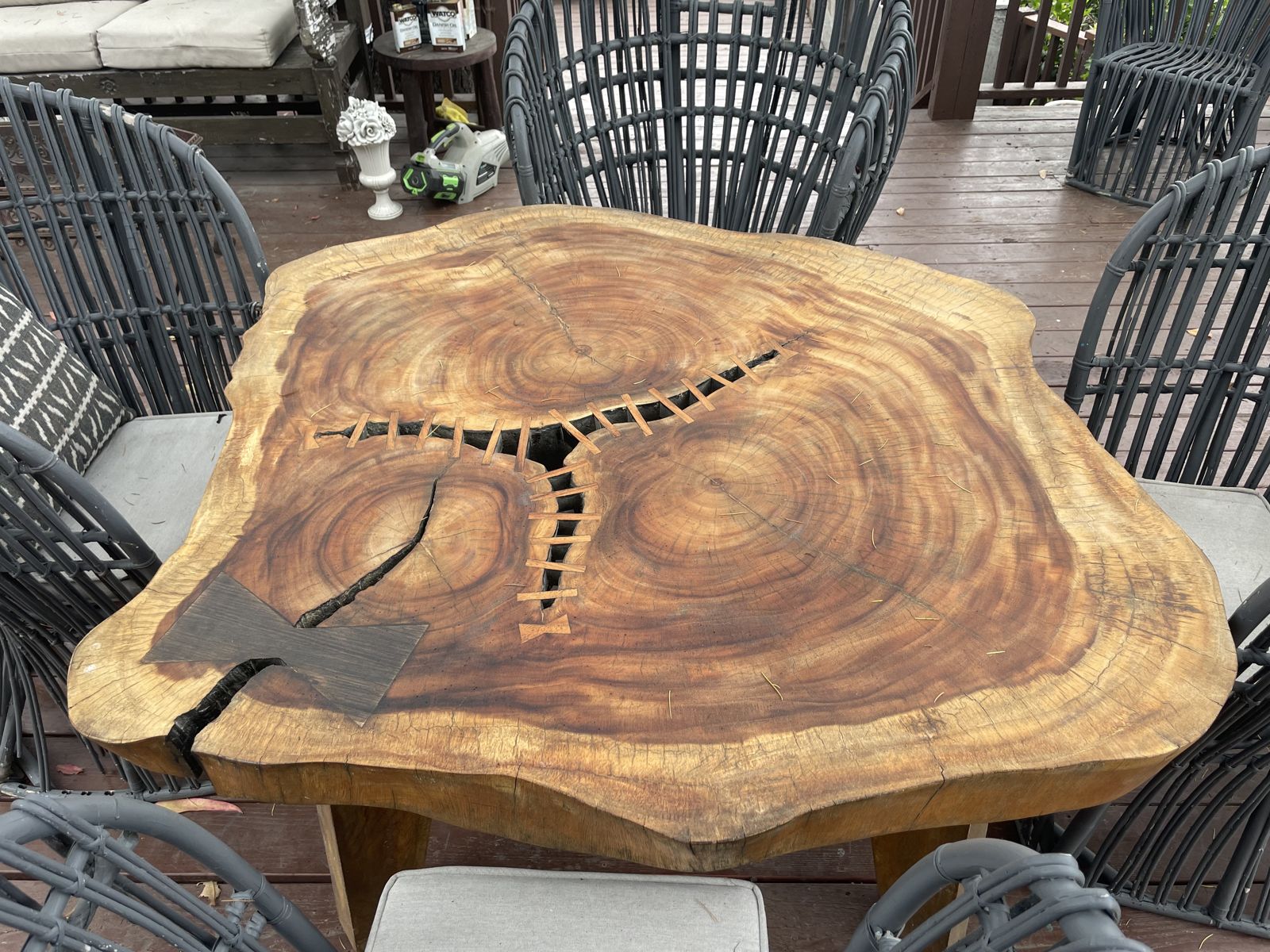 Finished live-edge table with butterfly key inlays